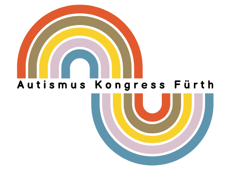 Logo Autismus Kongress Fürth ein geschwungener Regenbogen in blau, rose, gelb, graugrün und rot, in der Mitte steht Autismus Kongress Fürth